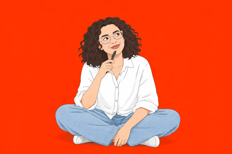 Illustration of Apeksha sitting cross-legged with a pen, thinking.