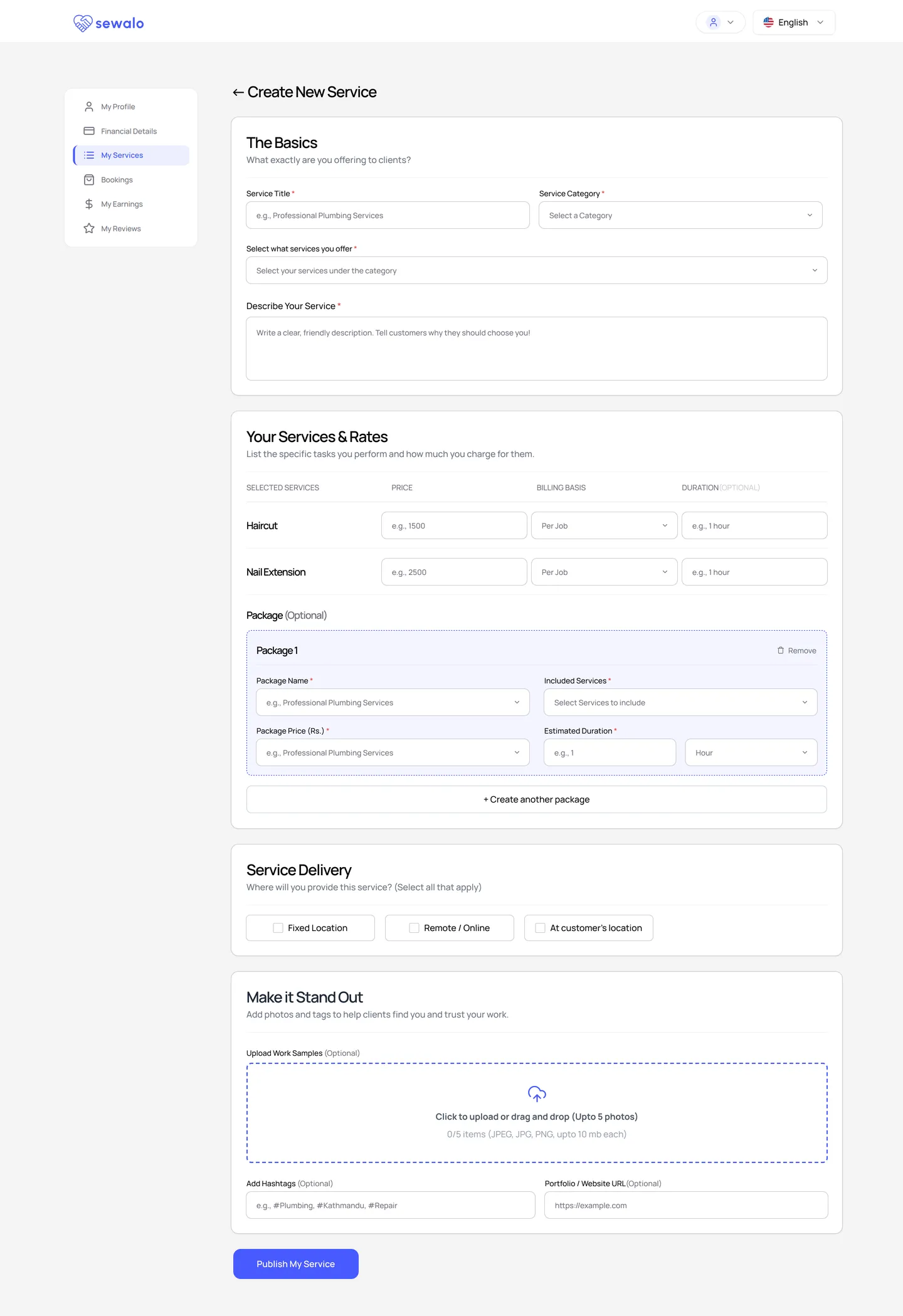 The redesigned Create New Service page, in four titled sections: The Basics, Your Services & Rates with a billing basis column, Service Delivery, and Make it Stand Out with an upload area stating its limits.