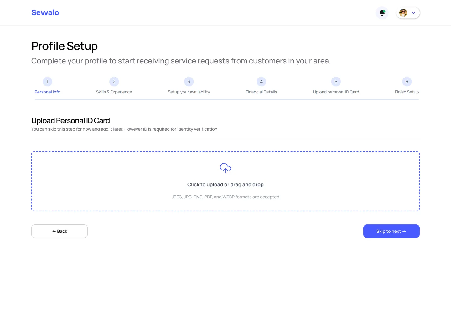 The Upload Personal ID Card step: a drop area listing JPEG, JPG, PNG, PDF and WEBP as accepted, above the note that the step can be skipped but ID is required for identity verification.