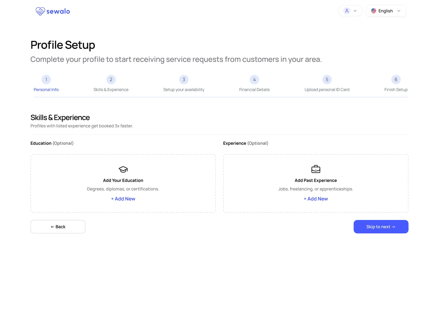The Skills & Experience step: Education and Experience both labelled Optional as empty cards, under the line “Profiles with listed experience get booked 3x faster”, with “Skip to next” as the primary button.