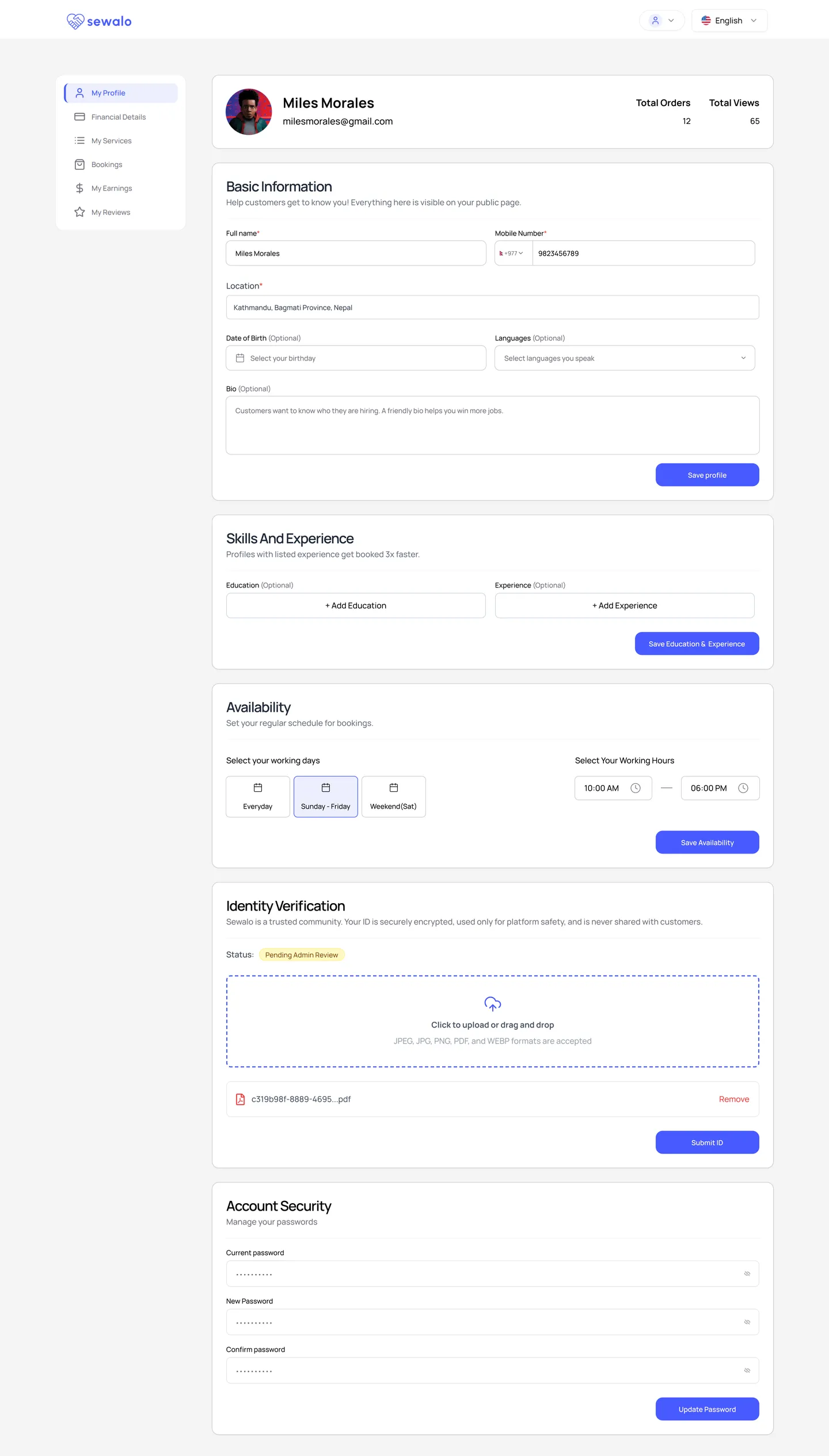 The redesigned My Profile page: Basic Information, Skills and Experience, Availability, Identity Verification and Account Security as separate cards, each with its own save button and its optional fields labelled.